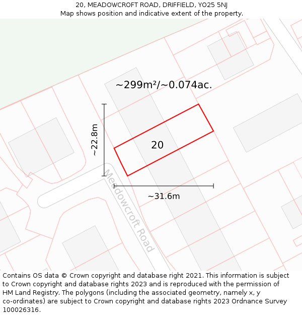20, MEADOWCROFT ROAD, DRIFFIELD, YO25 5NJ: Plot and title map