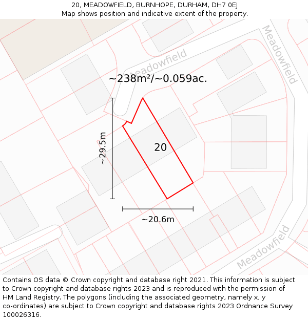20, MEADOWFIELD, BURNHOPE, DURHAM, DH7 0EJ: Plot and title map