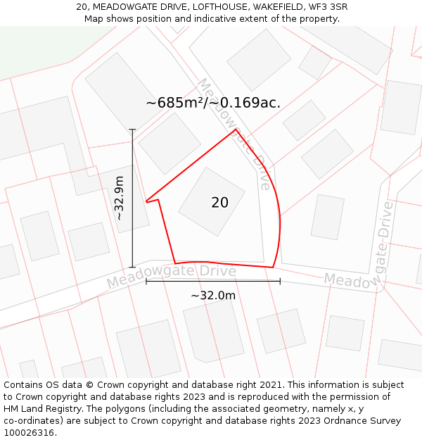 20, MEADOWGATE DRIVE, LOFTHOUSE, WAKEFIELD, WF3 3SR: Plot and title map