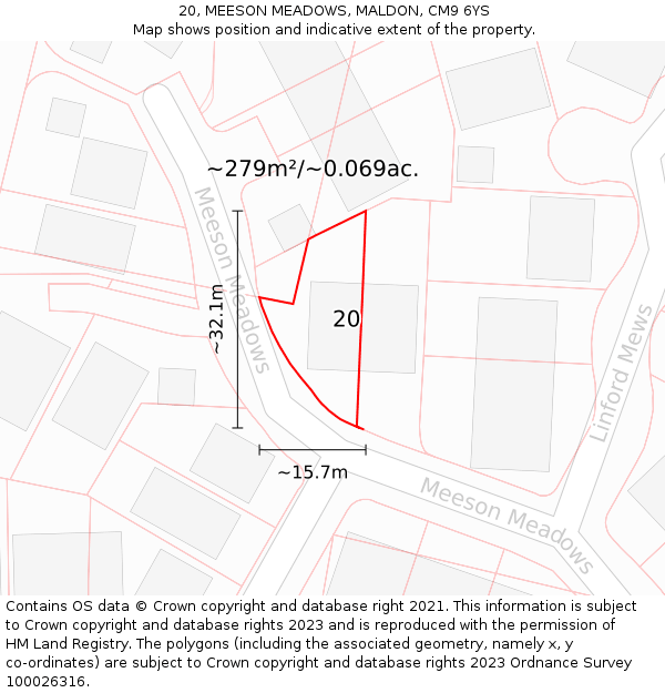 20, MEESON MEADOWS, MALDON, CM9 6YS: Plot and title map