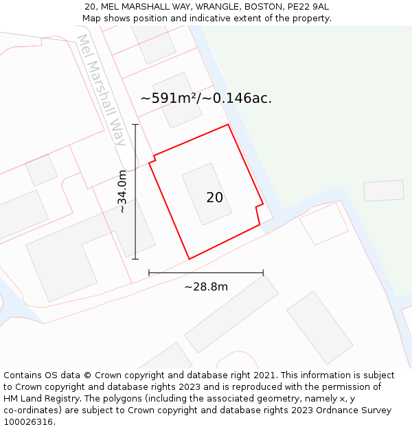 20, MEL MARSHALL WAY, WRANGLE, BOSTON, PE22 9AL: Plot and title map