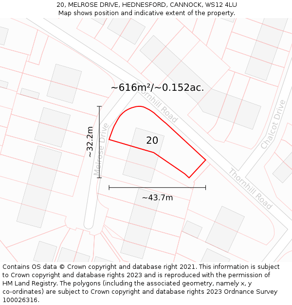 20, MELROSE DRIVE, HEDNESFORD, CANNOCK, WS12 4LU: Plot and title map