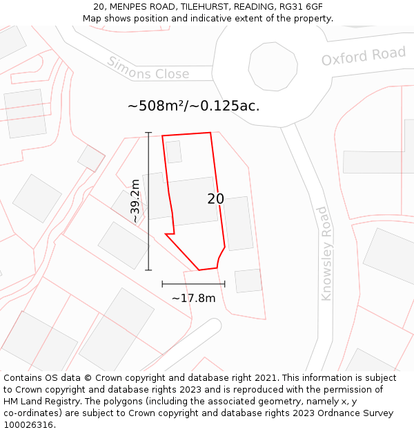 20, MENPES ROAD, TILEHURST, READING, RG31 6GF: Plot and title map