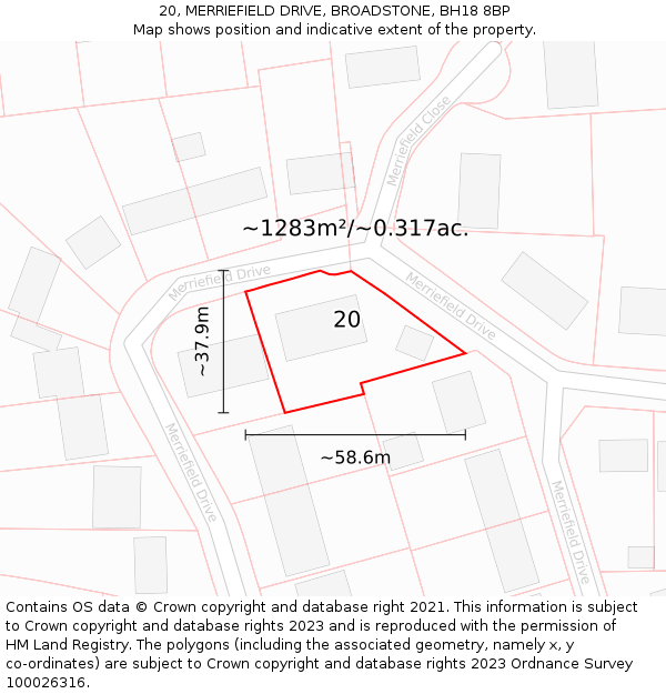 20, MERRIEFIELD DRIVE, BROADSTONE, BH18 8BP: Plot and title map