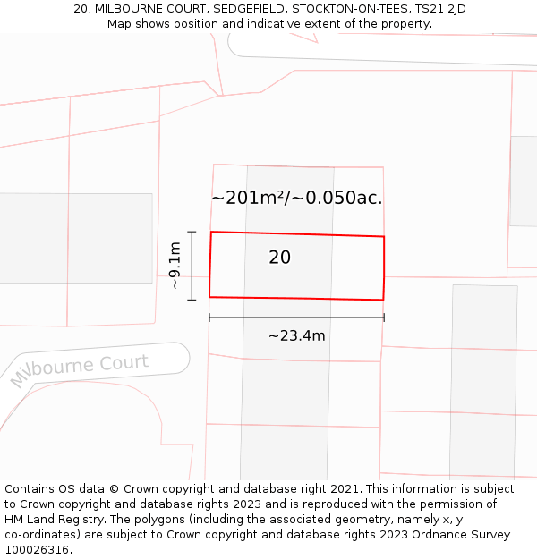 20, MILBOURNE COURT, SEDGEFIELD, STOCKTON-ON-TEES, TS21 2JD: Plot and title map