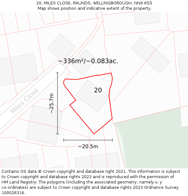 20, MILES CLOSE, RAUNDS, WELLINGBOROUGH, NN9 6SS: Plot and title map