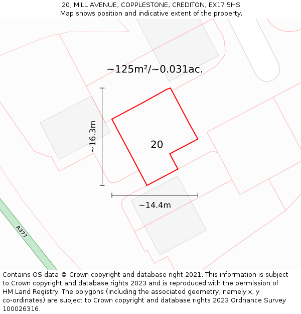 20, MILL AVENUE, COPPLESTONE, CREDITON, EX17 5HS: Plot and title map
