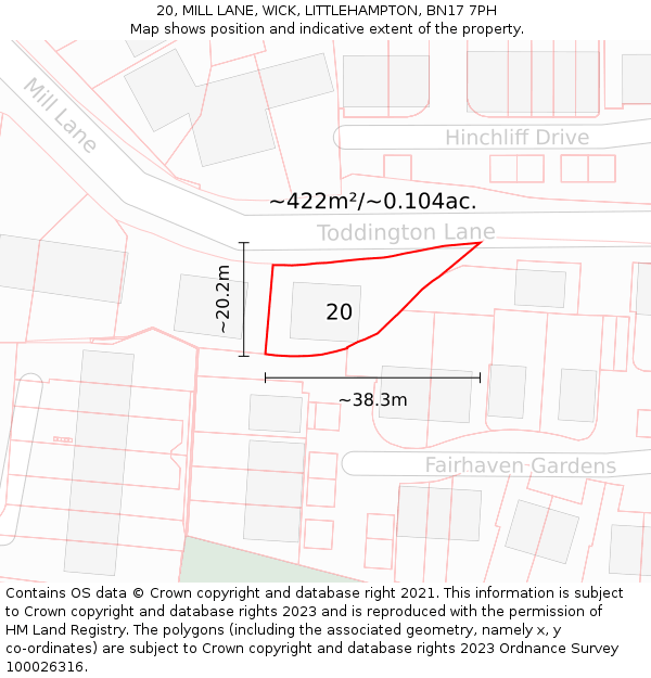 20, MILL LANE, WICK, LITTLEHAMPTON, BN17 7PH: Plot and title map