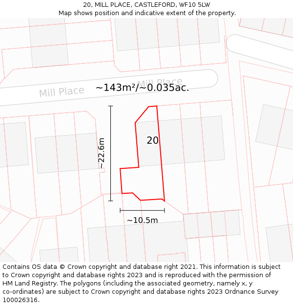20, MILL PLACE, CASTLEFORD, WF10 5LW: Plot and title map