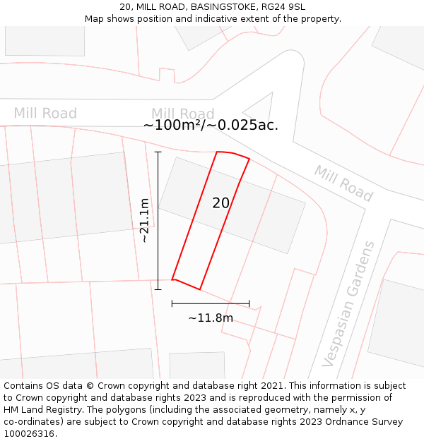 20, MILL ROAD, BASINGSTOKE, RG24 9SL: Plot and title map
