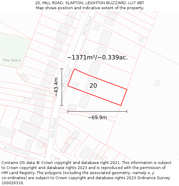 20, MILL ROAD, SLAPTON, LEIGHTON BUZZARD, LU7 9BT: Plot and title map