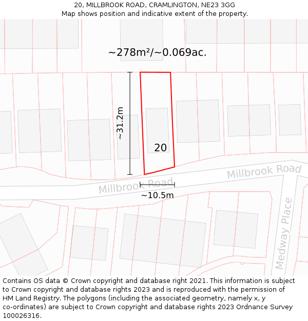 20, MILLBROOK ROAD, CRAMLINGTON, NE23 3GG: Plot and title map