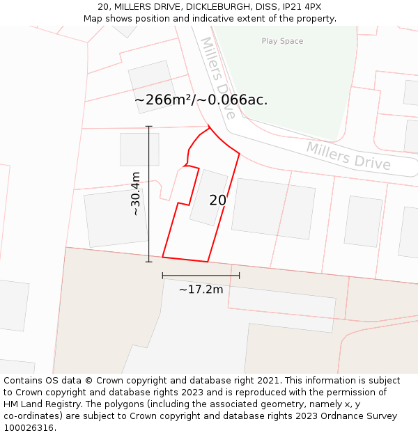 20, MILLERS DRIVE, DICKLEBURGH, DISS, IP21 4PX: Plot and title map