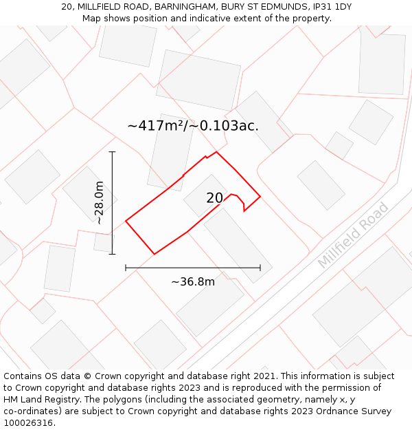 20, MILLFIELD ROAD, BARNINGHAM, BURY ST EDMUNDS, IP31 1DY: Plot and title map