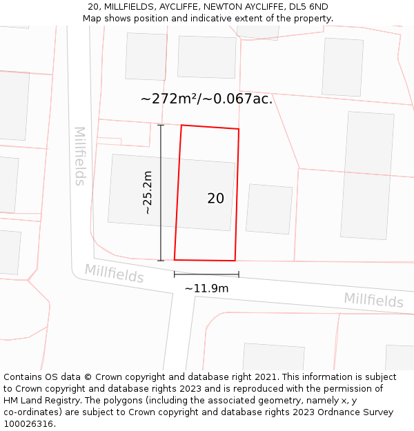 20, MILLFIELDS, AYCLIFFE, NEWTON AYCLIFFE, DL5 6ND: Plot and title map