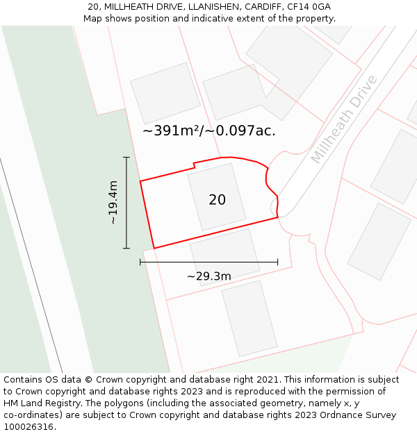 20, MILLHEATH DRIVE, LLANISHEN, CARDIFF, CF14 0GA: Plot and title map