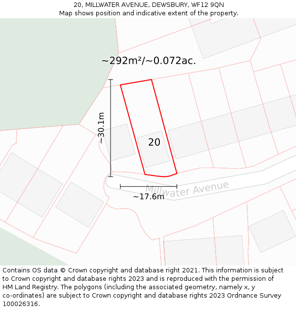 20, MILLWATER AVENUE, DEWSBURY, WF12 9QN: Plot and title map