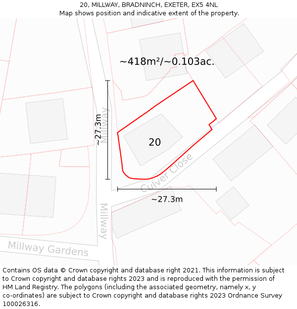 20, MILLWAY, BRADNINCH, EXETER, EX5 4NL: Plot and title map