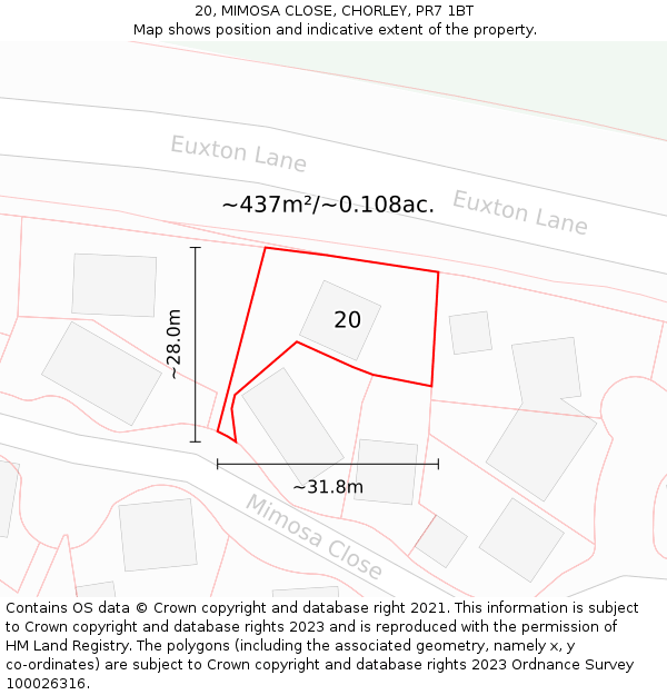 20, MIMOSA CLOSE, CHORLEY, PR7 1BT: Plot and title map
