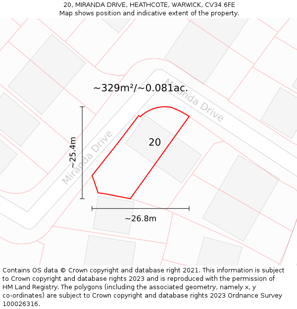 20, MIRANDA DRIVE, HEATHCOTE, WARWICK, CV34 6FE: Plot and title map