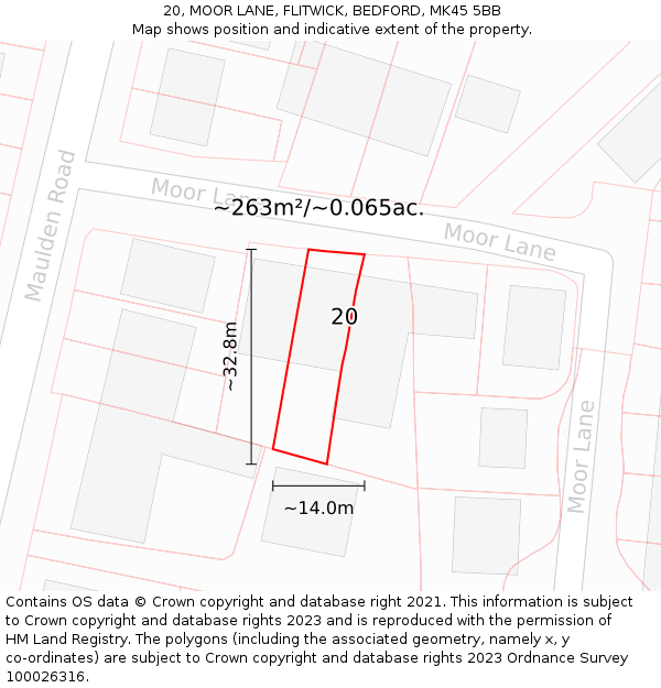 20, MOOR LANE, FLITWICK, BEDFORD, MK45 5BB: Plot and title map