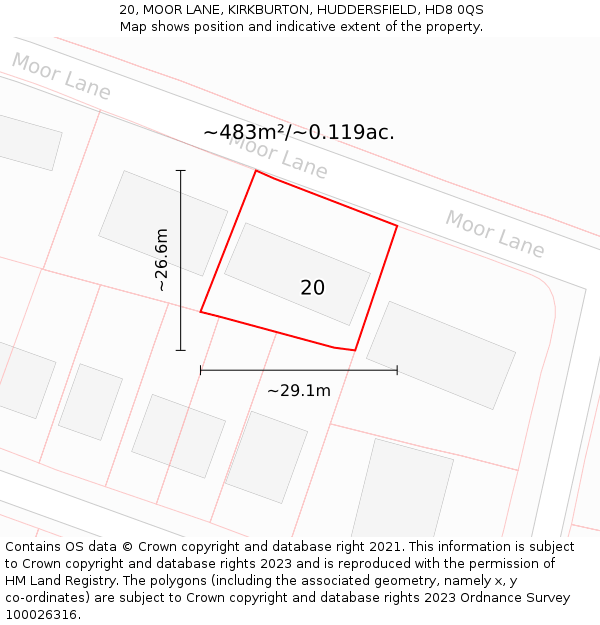 20, MOOR LANE, KIRKBURTON, HUDDERSFIELD, HD8 0QS: Plot and title map