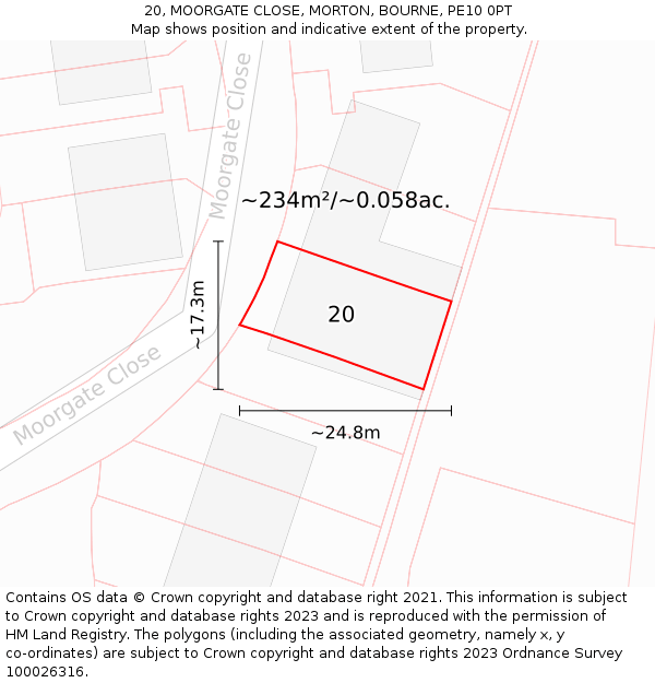 20, MOORGATE CLOSE, MORTON, BOURNE, PE10 0PT: Plot and title map