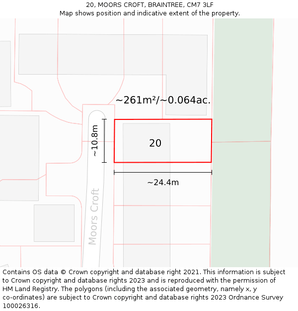 20, MOORS CROFT, BRAINTREE, CM7 3LF: Plot and title map