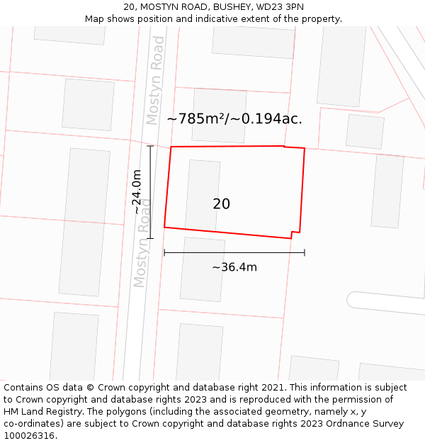 20, MOSTYN ROAD, BUSHEY, WD23 3PN: Plot and title map
