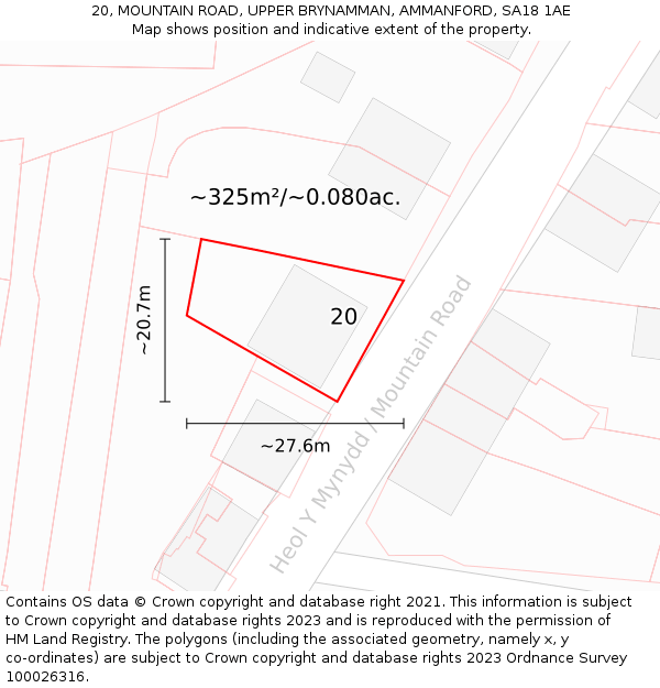20, MOUNTAIN ROAD, UPPER BRYNAMMAN, AMMANFORD, SA18 1AE: Plot and title map