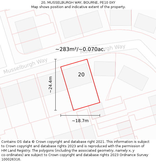 20, MUSSELBURGH WAY, BOURNE, PE10 0XY: Plot and title map