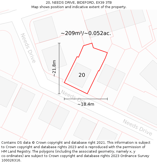 20, NEEDS DRIVE, BIDEFORD, EX39 3TB: Plot and title map