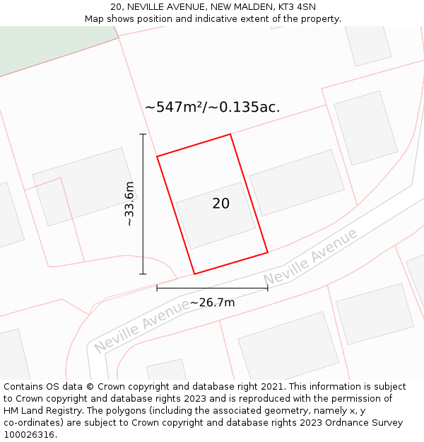 20, NEVILLE AVENUE, NEW MALDEN, KT3 4SN: Plot and title map