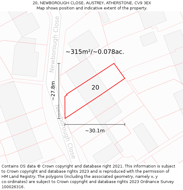 20, NEWBOROUGH CLOSE, AUSTREY, ATHERSTONE, CV9 3EX: Plot and title map