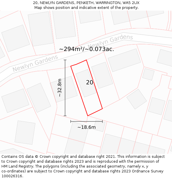 20, NEWLYN GARDENS, PENKETH, WARRINGTON, WA5 2UX: Plot and title map