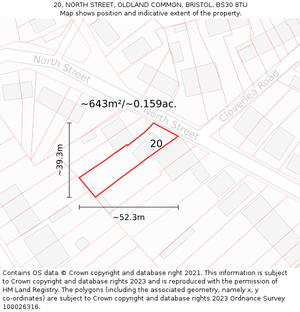 20, NORTH STREET, OLDLAND COMMON, BRISTOL, BS30 8TU: Plot and title map
