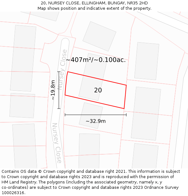 20, NURSEY CLOSE, ELLINGHAM, BUNGAY, NR35 2HD: Plot and title map