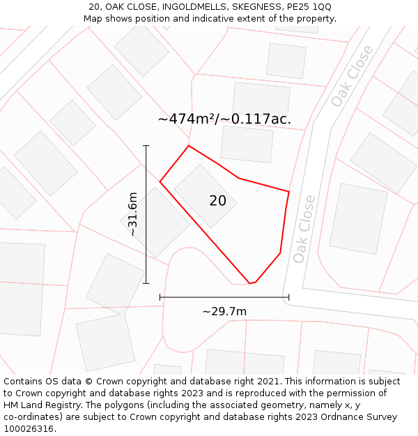 20, OAK CLOSE, INGOLDMELLS, SKEGNESS, PE25 1QQ: Plot and title map