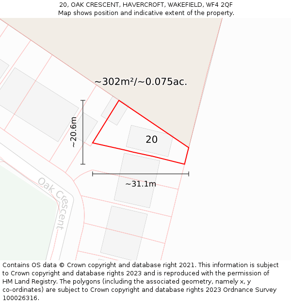 20, OAK CRESCENT, HAVERCROFT, WAKEFIELD, WF4 2QF: Plot and title map