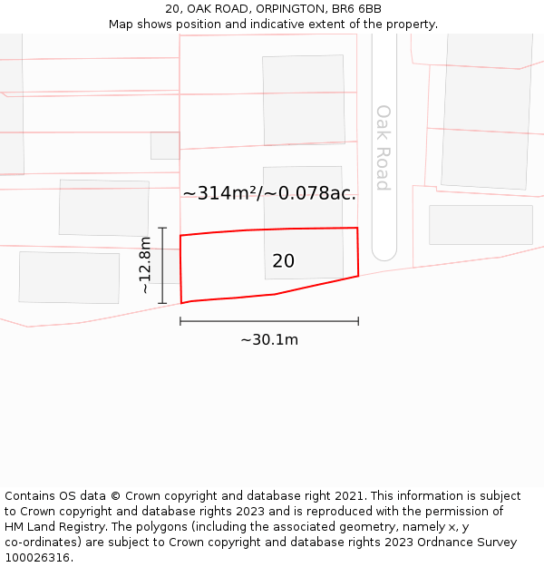 20, OAK ROAD, ORPINGTON, BR6 6BB: Plot and title map