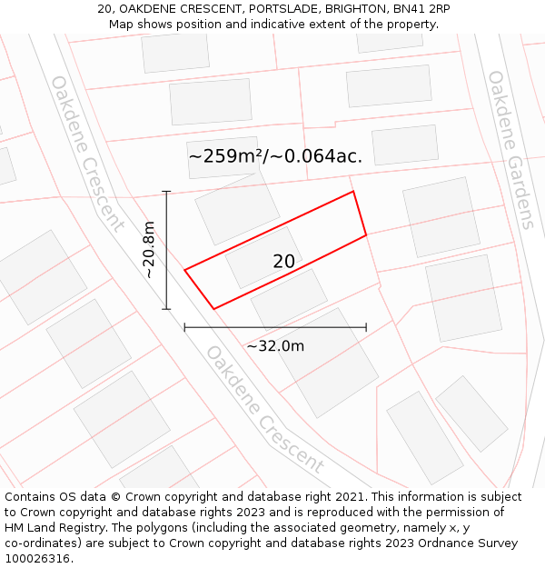 20, OAKDENE CRESCENT, PORTSLADE, BRIGHTON, BN41 2RP: Plot and title map