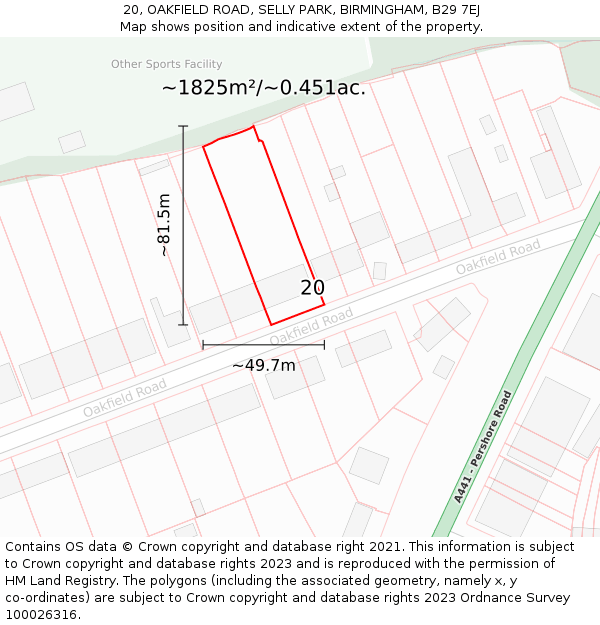 20, OAKFIELD ROAD, SELLY PARK, BIRMINGHAM, B29 7EJ: Plot and title map
