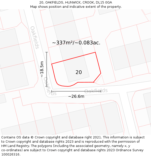 20, OAKFIELDS, HUNWICK, CROOK, DL15 0GA: Plot and title map