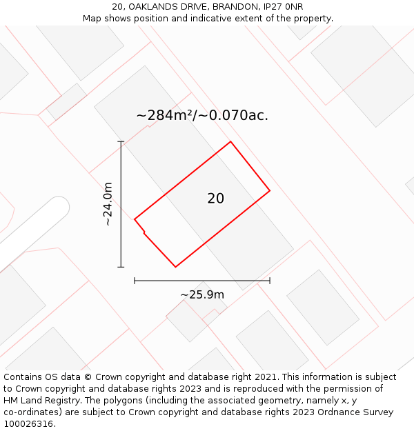 20, OAKLANDS DRIVE, BRANDON, IP27 0NR: Plot and title map