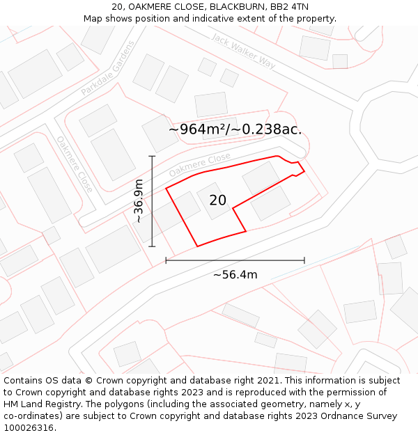 20, OAKMERE CLOSE, BLACKBURN, BB2 4TN: Plot and title map