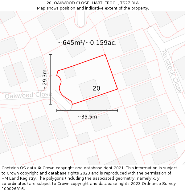 20, OAKWOOD CLOSE, HARTLEPOOL, TS27 3LA: Plot and title map