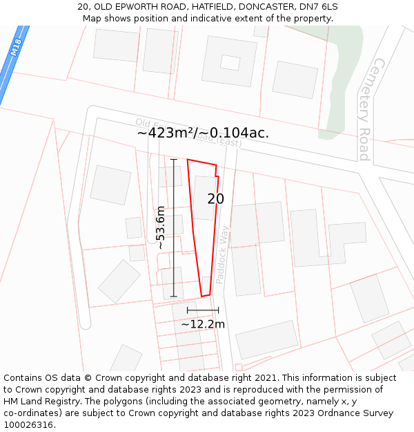 20, OLD EPWORTH ROAD, HATFIELD, DONCASTER, DN7 6LS: Plot and title map