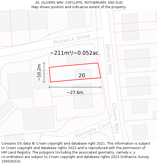 20, OLIVERS WAY, CATCLIFFE, ROTHERHAM, S60 5UD: Plot and title map