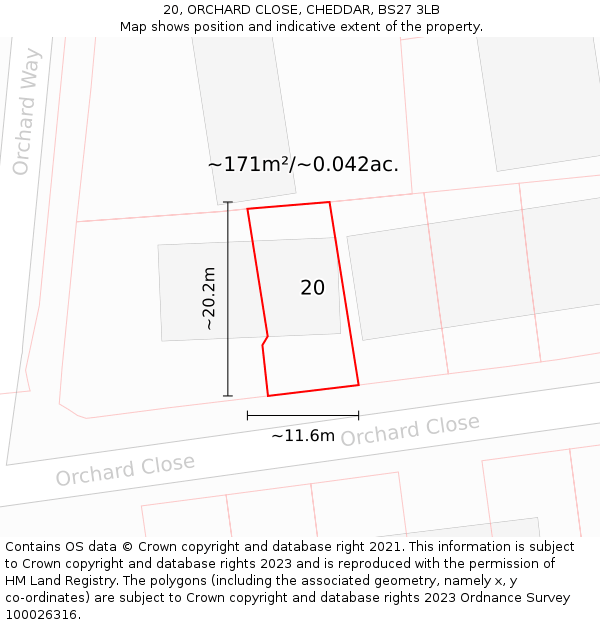 20, ORCHARD CLOSE, CHEDDAR, BS27 3LB: Plot and title map
