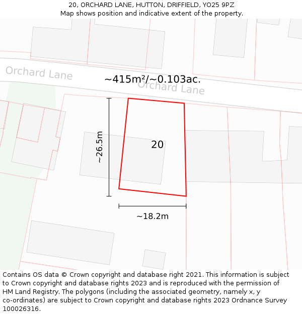 20, ORCHARD LANE, HUTTON, DRIFFIELD, YO25 9PZ: Plot and title map